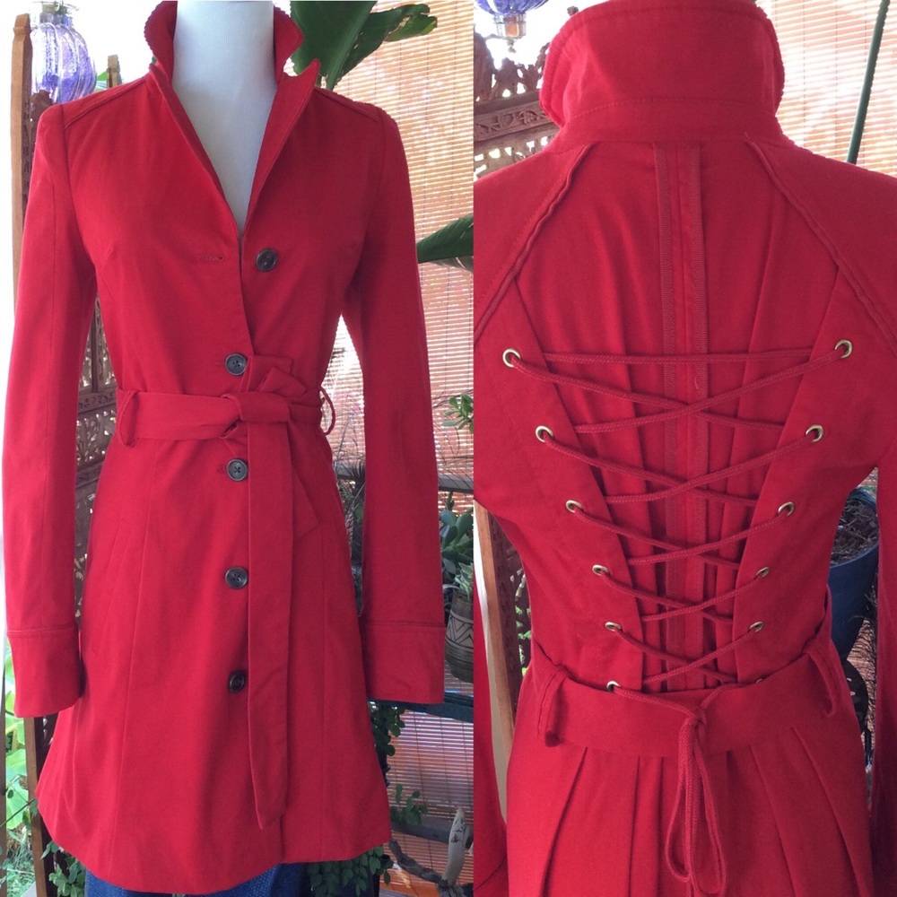 Anthropologie Elevenses Red Corset Trench Coat